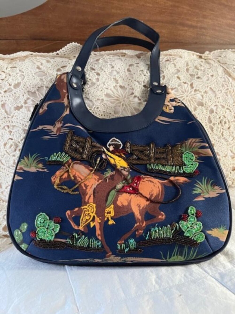 Cowboy on Horse Expandable Canvas Hand/Shoulder Bag/Interior Pocket/New Vintage